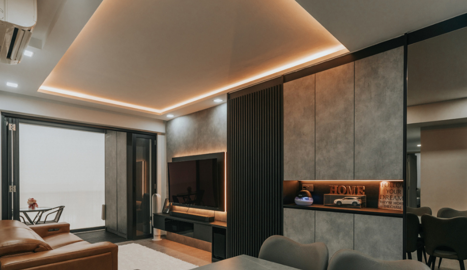 A highly functional kitchen interior design in Singapore by Molecule Interior that fully uses the compact space available, with the straight edges of furniture and fittings setting a uniform aesthetic tone.